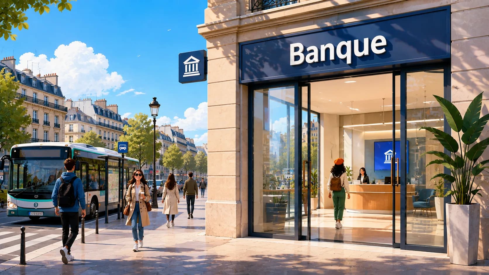 Alice entre dans une banque, dans une rue de style parisien.